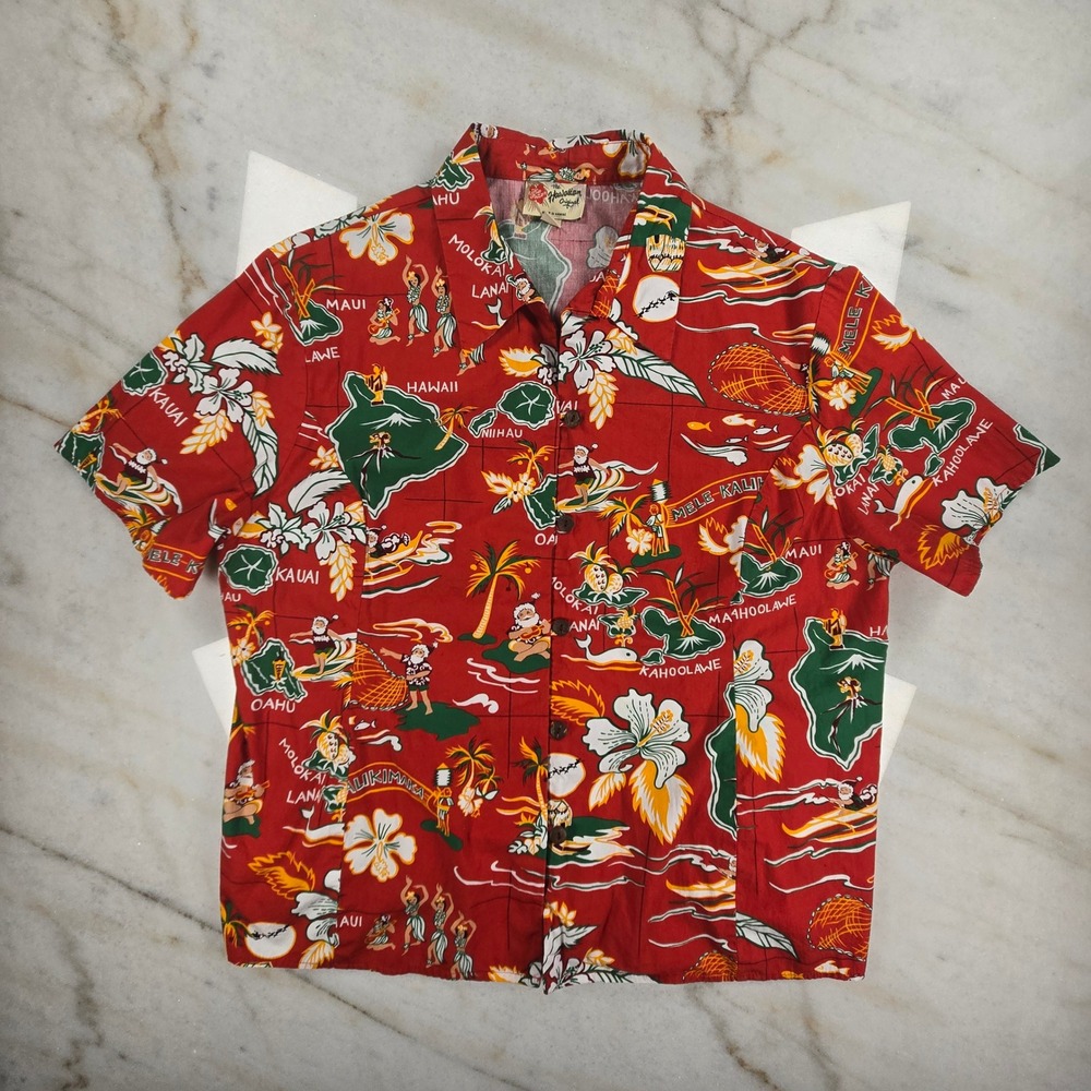 VTG Hilo Hattie Hawaiian Shirt Womens 2XL Red Mele Kalikimaka Christmas Aloha